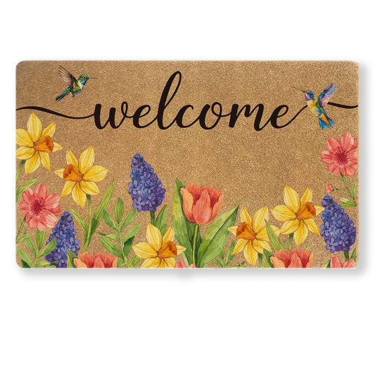 Floral Welcome Door Mat 30x17 Faux Coir Non-Slip Mat for Indoor & Outdoor Entry, Decorative Flower Doormat, Durable Dirt-Trapping Rug for Front Door