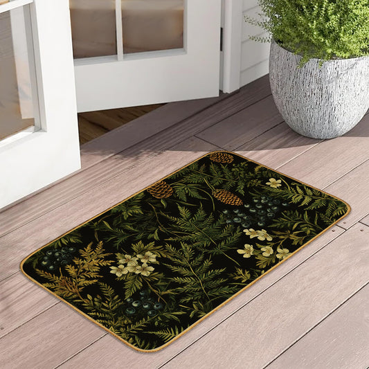 Dark Green Herb Plants Indoor Outdoor Door Mat,Wildflowers Front Floor Mat Non-Slip Absorbent Low-Profile Washable Inside Entrance,Linen Sturdy Soft Entry Doormat for Entryway