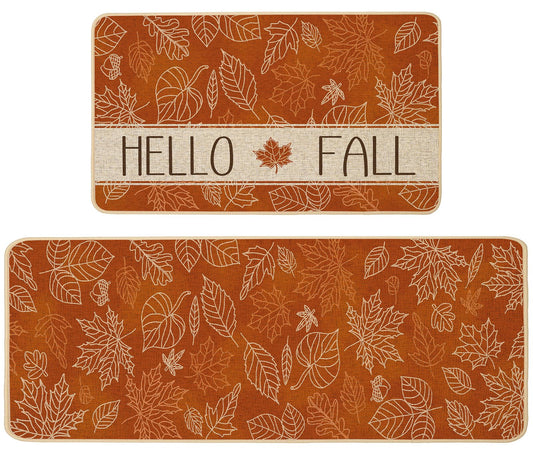 Baccessor Hello Fall Kitchen Rugs Set of 2, Maple Leaves Burnt Orange Kitchen Mats for Floor Washable Low-Profile Farmhouse Autumn Holiday Home Indoor Outdoor Decor 17x29 and 17x47 Inch