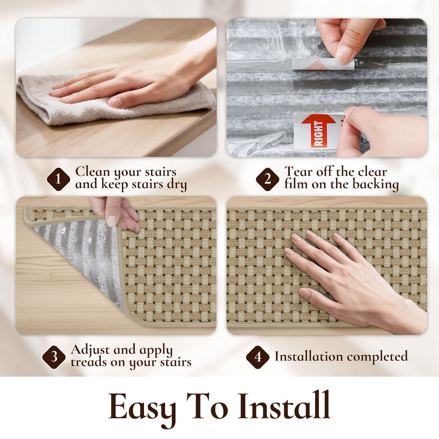 FLOORHUG Stair Treads for Wooden Steps Non-Slip Machine Washable Carpet Stair Treads 8"X30" Soft Indoor Stair Rug Runner for Kids Elders and Pets, 100% Polyester, TPE Backing, 15pcs, Beige/White