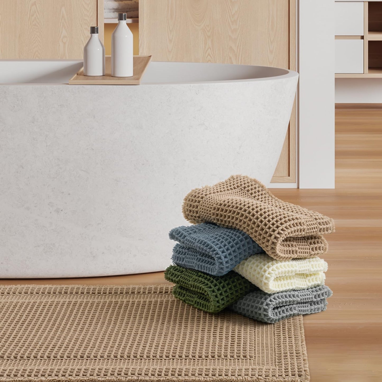 AMOAMI Waffle Bath-Mat, Absorbent Bath Mats for Bathroom Non Slip, Machine Washable Bathroom Rugs with Tassels Ultra Soft Boho Bath Rugs for Floor 18"x30" Beige