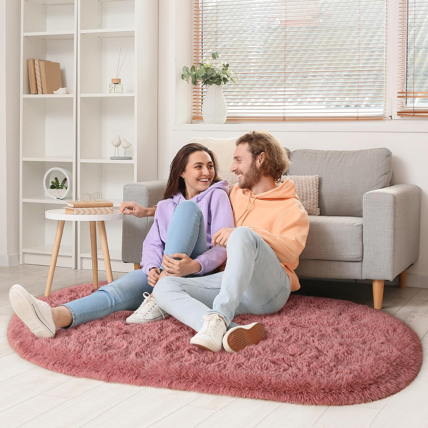 LOCHAS Bedroom Rug 2.6' x 5.3', Blush Fluffy Shaggy Area Rug for Bedroom Bedside, Soft Oval Throw Rugs Carpet for Kids Girls Nursery Living Room Home Decor