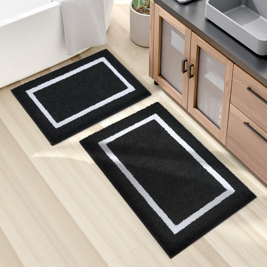 HOMEIDEAS Bathroom Rugs Sets 2 Piece, Super Soft and Absorbent Microfiber Tufted Bath Mats, Non-Slip and Machine Washable Bath Rugs(Black and White)