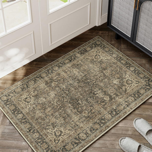 WondRg 2x3 Washable Area Rug Brown Vintage Non Slip Soft Low Pile Small Rug for Entryway Kitchen Bathroom Distressed Oriental Throw Carpet for Living Room Bedroom Home Decor