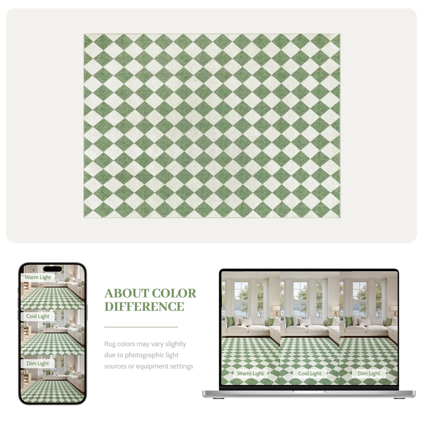 Kiginara Washable Green Checkered Rug 5x7, Non-Slip Low Pile Area Rug for Living Room, Bedroom, Nursery, Modern Neutral Farmhouse Diamond Carpet, Pet & Kid Friendly