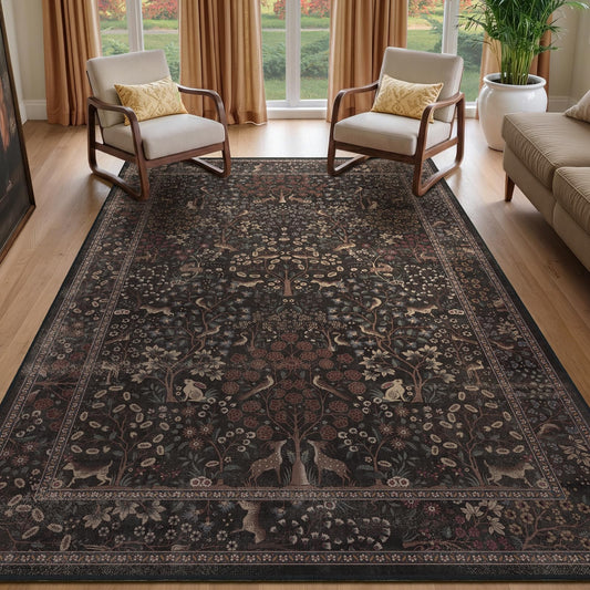 Jainmy Dark Chestnut Brown Area Rug 5x7, Washable Non Slip Rugs with Tree of Life Floral Animal Print for Living Room Bedroom Nursery, Vintage Farmhouse Carpet Rug for Dining Room Home Office Den