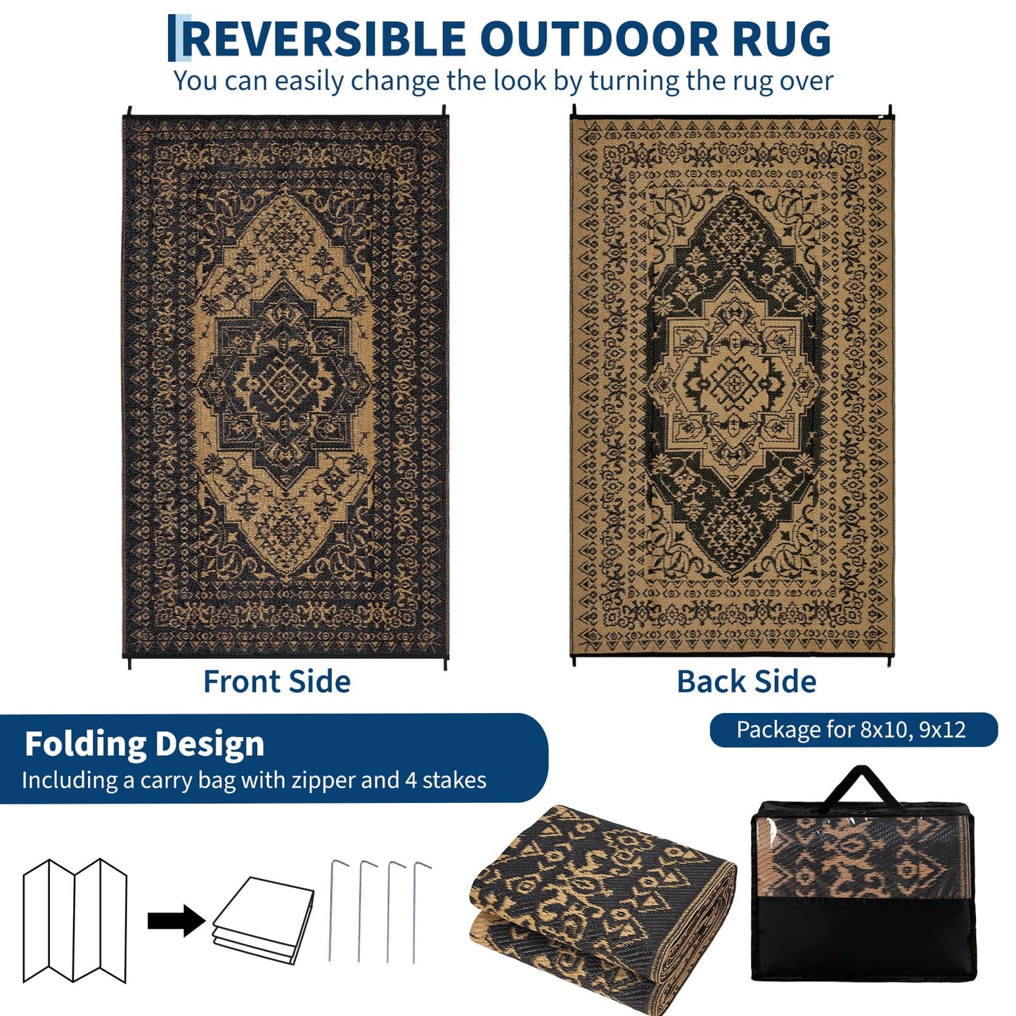 Garvee Outdoor Patio Rug 9x12 Waterproof Reversible Mat Medallion Outdoor Plastic Straw Rug with 4 Stakes and Starage Bag Portable Area Rug for Camping Porch Deck Rv Balcony Backyard Beach, Brown