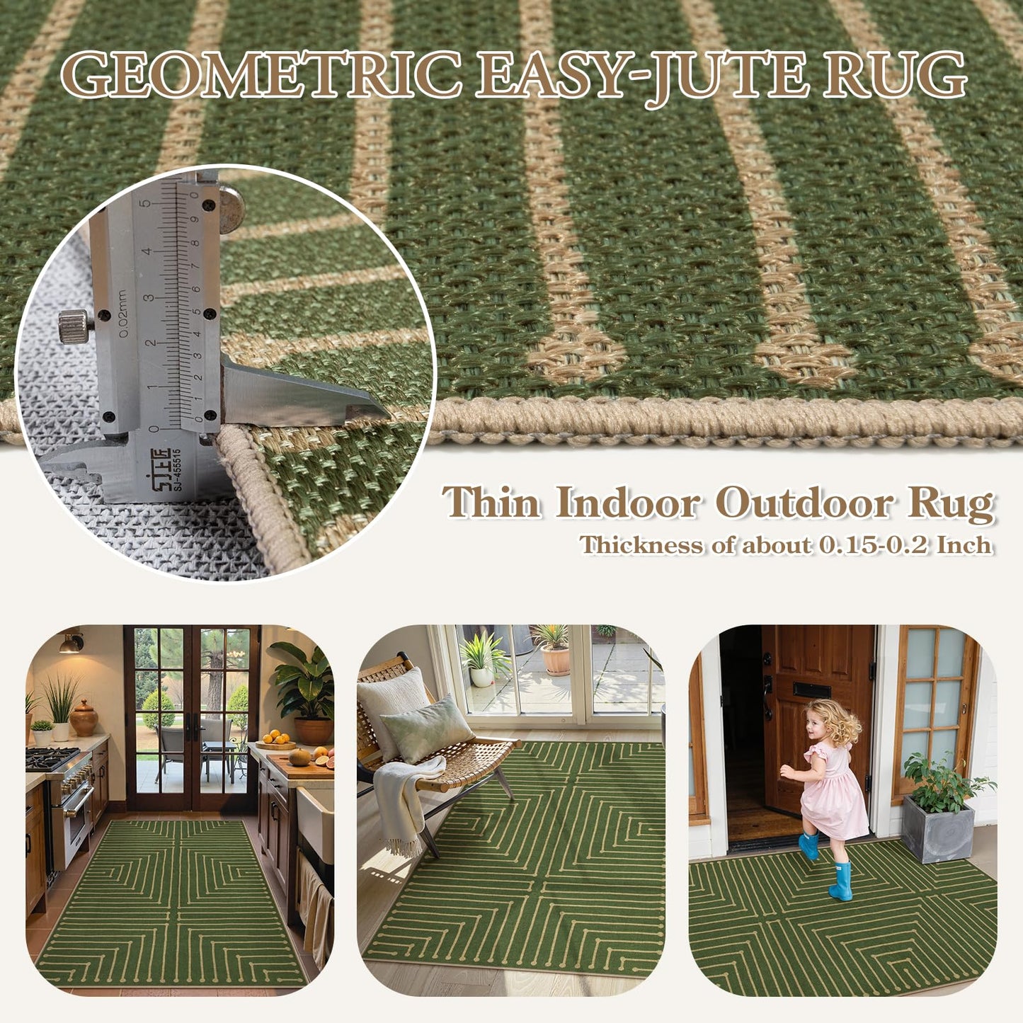 Lahome Neutral Geometric Green Easy Jute Rug, 3x5 Washable Entryway Front Porch Rug, Farmhouse Rhombus Non Slip Non Shedding Indoor Outdoor Carpet for Kitchen Balcony Laundry