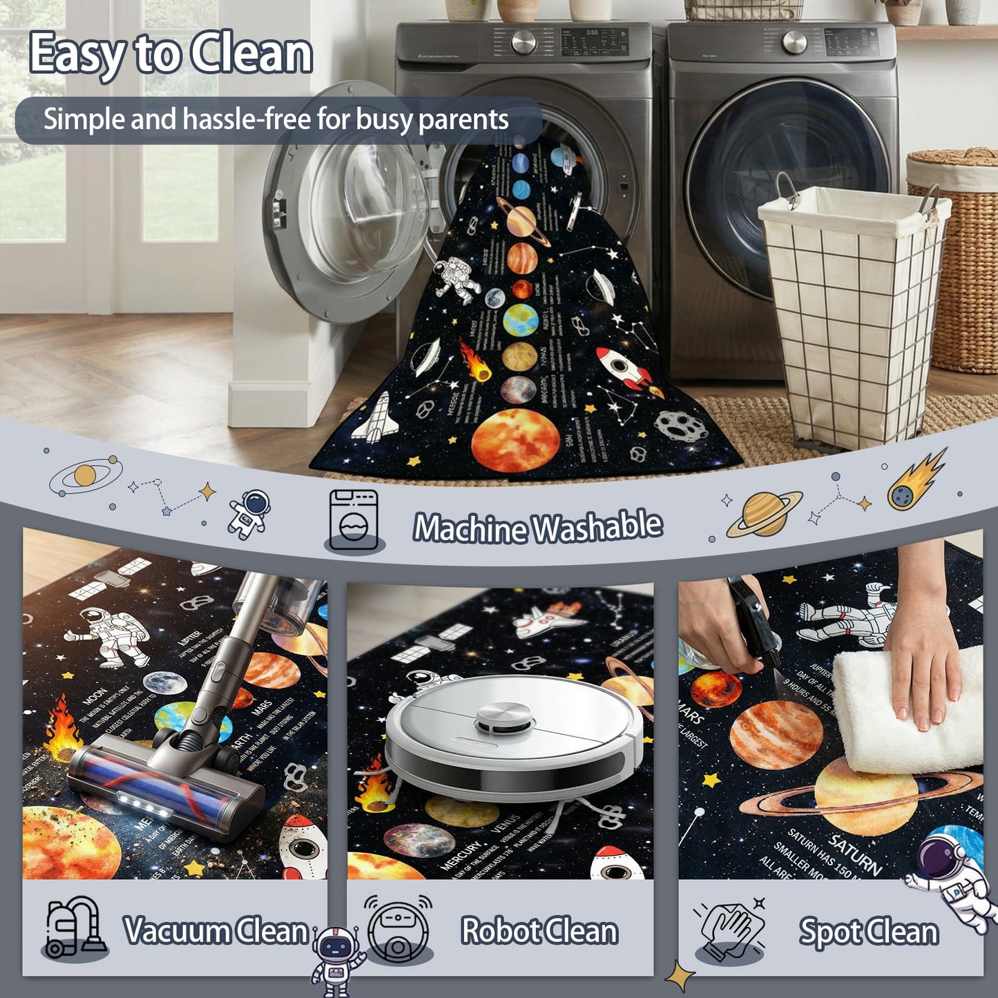 5x7 Ft Space Kids Rug for Boys Room, Playroom, Classroom, Nursery, Daycare, Educational Non-Slip Play Mat Carpet for Children Toddler Leaning Solar System, Washable & Soft Galaxy Star Rug-Faux Wool