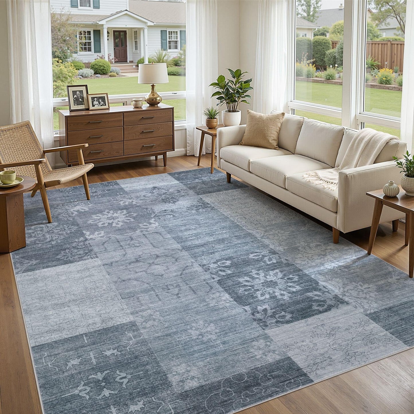 UERMEI 8x10 Area Rug Washable, Blue Modern Geometric Rugs for Living Room, Non-Slip Patchwork Carpet, Stain Resistant Low-Pile Foldable Rug for Bedroom Dining Room