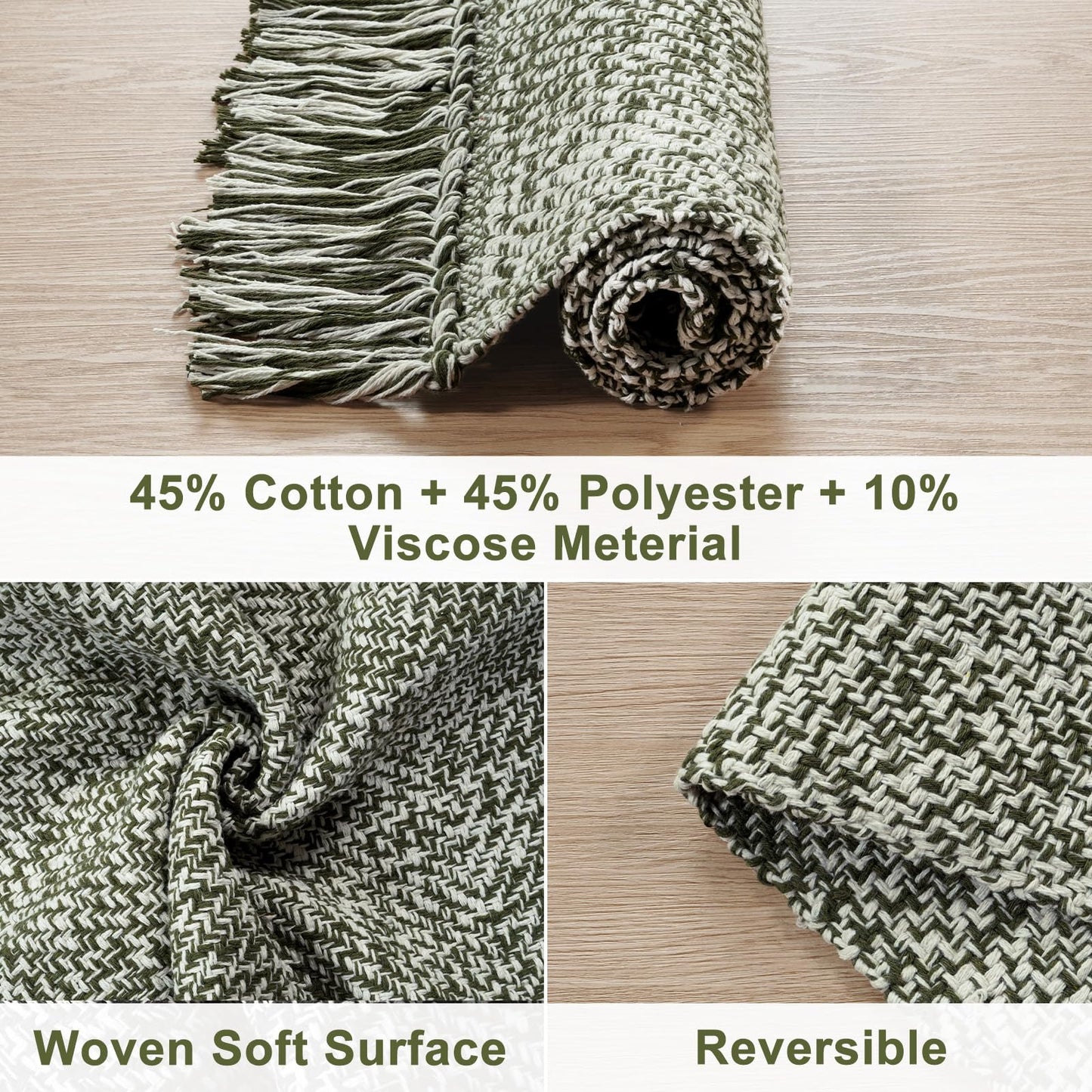 Collive Small Bathroom Rug, 2' x 3' Hand-Woven Low Profile Front Entryway Rug, Olive Green/Cream Cotton Reversible Washable Kitchen Mat Modern Farmhouse Carpet for Foyer Bedroom Back Door Decor
