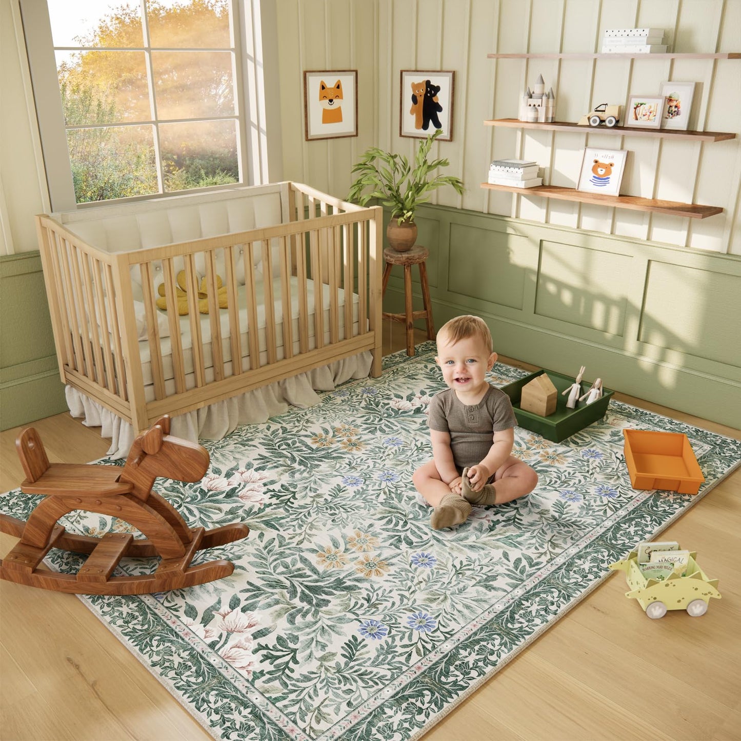Baksham Botanical Floral Area Rug 5x7 Light Green Cream Vintage Garden Design, Perfect for Living Room, Bedroom, Kids Room, Nursery - Stain & Water Resistant Non-Slip, Pet & Child Friendly Area Rugs