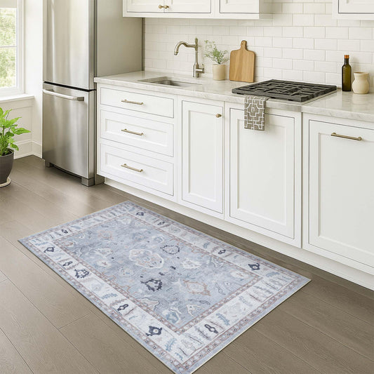 Fame Rugs Gray Modern Oushak Rug 2x3, Vintage Doormat Turkish Colorful Oriental Antique Inspired Washable Small Area Rug, Luxury Living Room Bedroom (Gbeige, 2' x 3')
