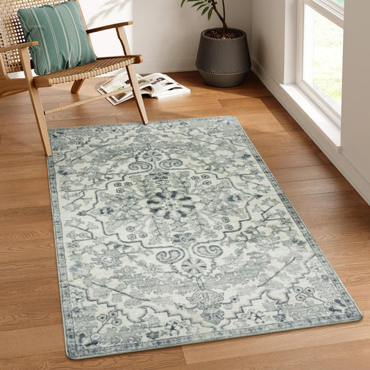Lahome Reine Bohemian Floral Medallion Area Rug - 3x5 Beige Washable Entryway Rug Office Mat, Transitional Non Slip Indoor Throw Bedroom Carpet for Kitchen Coffee Table Mudroom Dressing Room RV