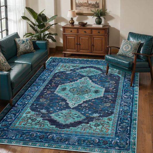 Tangsoo Vintage 4X6 Washable Area Rug, Teal Oriental Indoor for Living Room, Non Slip Machine Washable Large Tumble Rugs, Soft Print Carpet for Bedroom Dining Room Dorm Office Home Decor