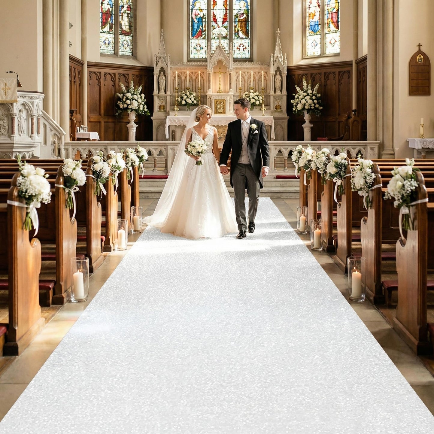 White Aisle Runner for Wedding Ceremony: 2FT×15FT Sequin Fabric - Sparkly Carpet Runner for Thanksgiving Day Bridal Shower Outdoor Grass Floor Indoor Rug Runner Hallway Decor