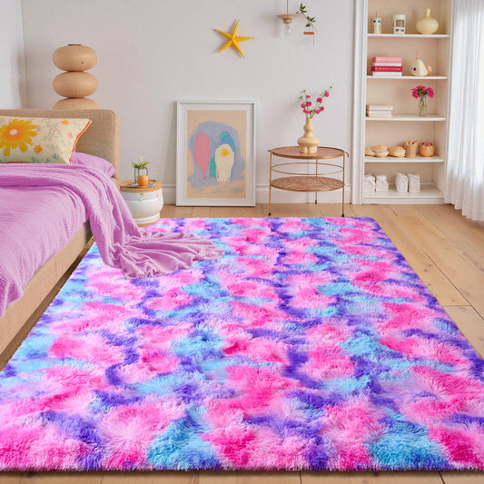 junovo 4x6 Washable Area Rug for Girls Bedroom Living Room, Tie-Dyed Hot-Pink Soft Non-Slip Fluffy Rugs, Shag Plush Memory Foam Carpet for Kids Room Baby Nursery Home Decor