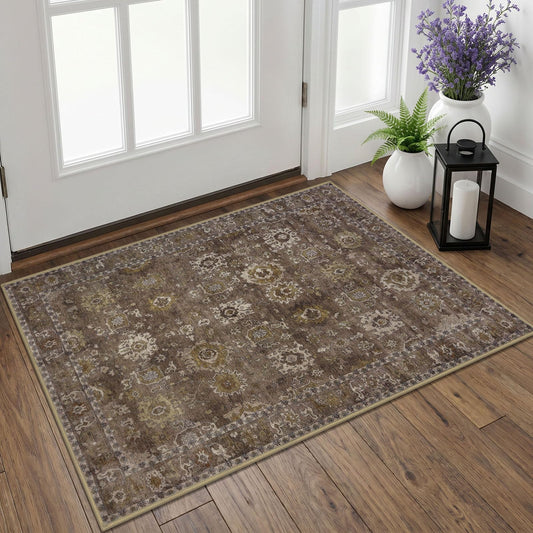 Lansny Vintage Small Area Rug 2x3, Washable Entryway Rug Print Faux Wool Floral Indoor Door Mat, Non Slip Kitchen Rugs, Soft Thin Throw Rugs Floor Carpet for Front Door Entry Bedroom Sink, Taupe Brown