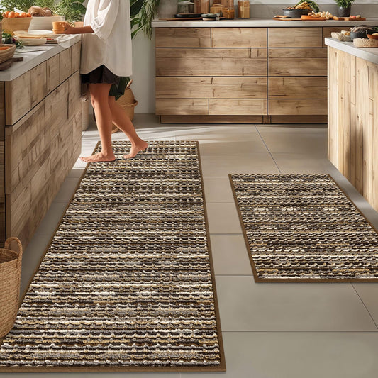 Kitchen Rugs Sets of 2-Non Slip Kitchen Mats for Floor-Thick Stain Resistant Vintage Kitchen Floor Mat Runner Carpet for Hallways Entryway Laundry Room Washable（Brown 22"x59"+20"x32"）