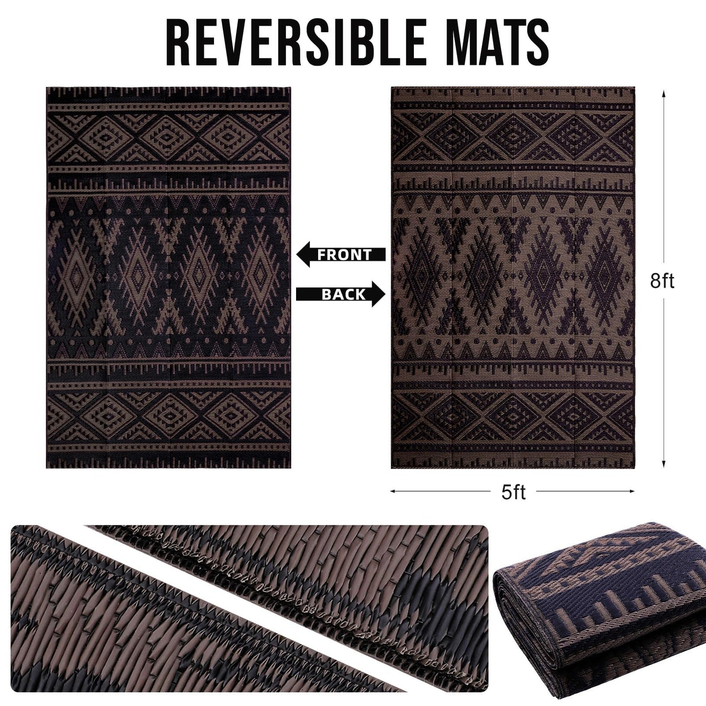 OLANLY Outdoor Rug Waterproof 5x8 ft, Reversible Outdoor Plastic Straw Rug, Boho Patio Rug, Indoor Outdoor Carpet, RV Mat Outside for Patio, Camp, Picnic, Balcony, Deck, Backyard, Black & Brown
