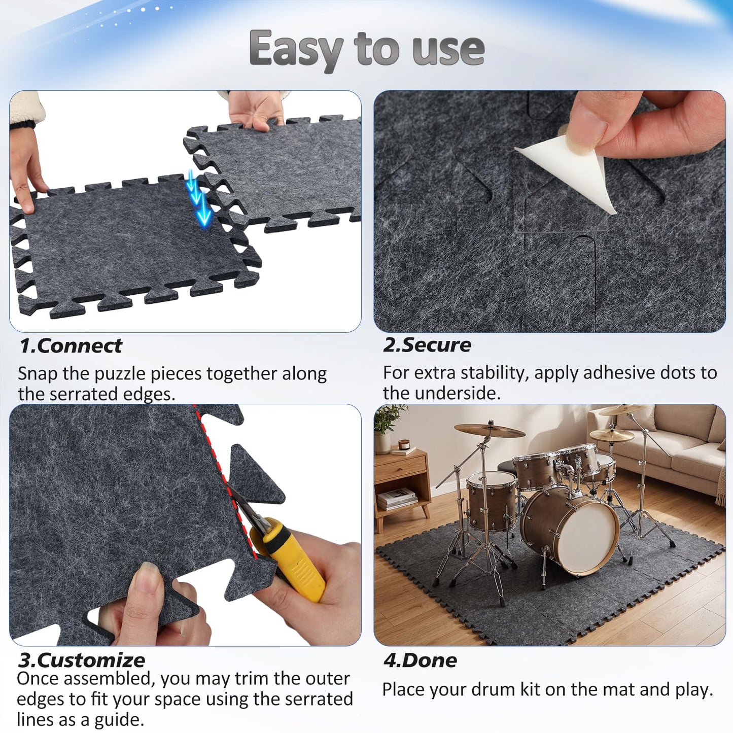 GOGHOST 20 PCS Sound Absorbing Interlocking Floor Mats Pads 11.8 x 11.8 x 0.4 Inches, Non-Slip Anti Vibration Sound Proof Puzzle Felt Padding, Drum Rug Soundproof Electrical Pads for Drummers, Gray