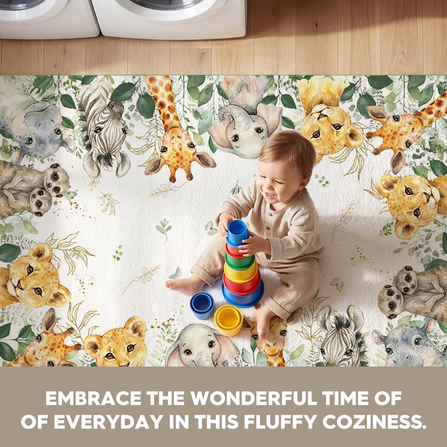 Artoid Mode Animals Elephant Giraffe Baby Shower Area Rug, Spring Birthday Home Decor Low-Profile Washable Door Mat for Entryway Bedroom Living Room Laundry Room Indoor 2x3 Feet