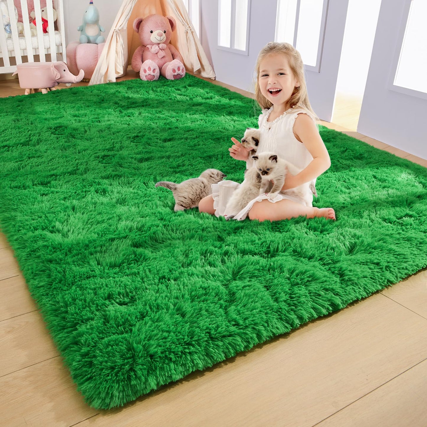 AROGAN Luxury Soft Shaggy Carpet, 3x5 Feet Green Fluffy Bedroom Rug for Living Room, Kids Girls Playroom Teen Room Nursery Decor