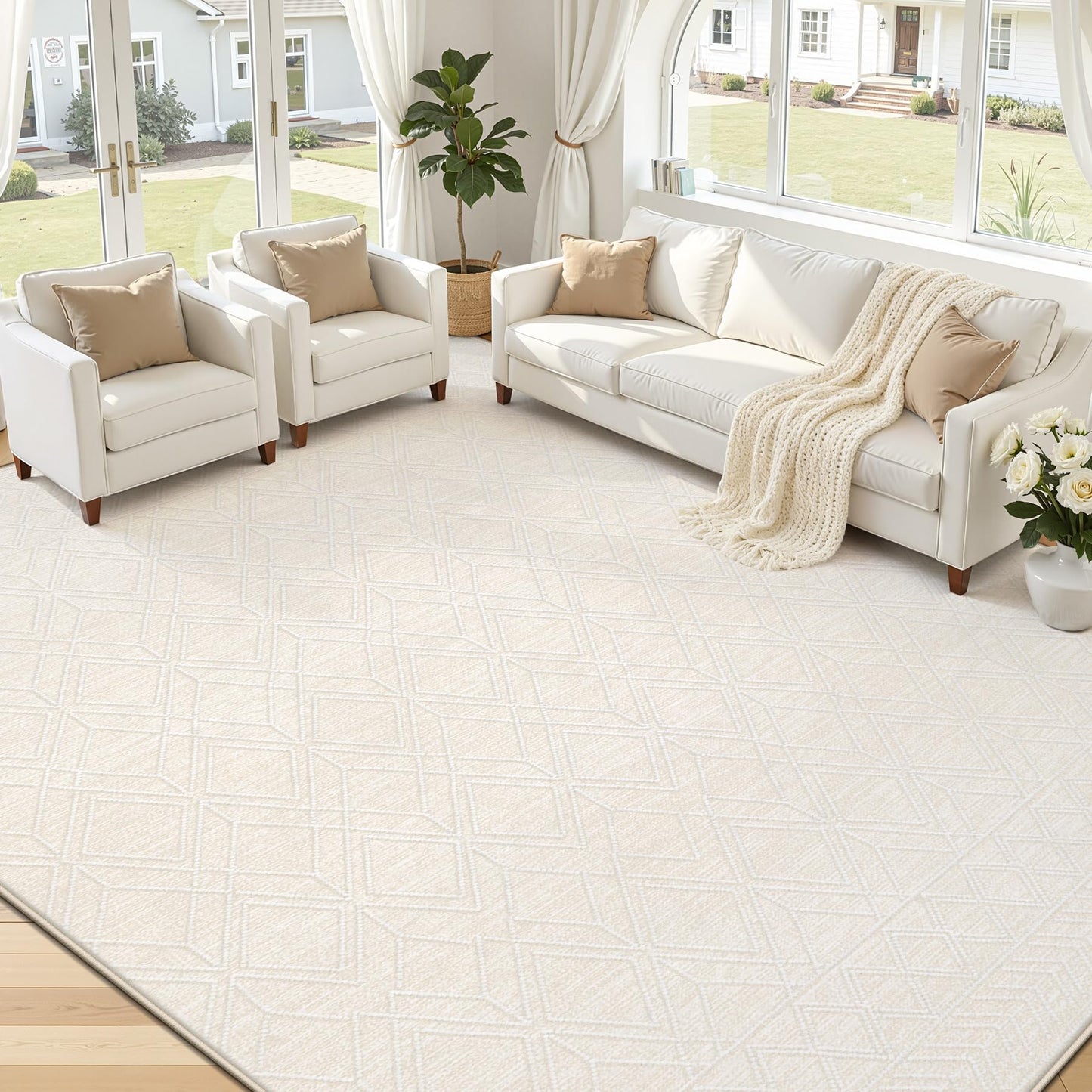 8x10 Area Rugs Washable Rug: Geometric Moroccan Farmhouse Rugs Large Living Room Rug Modern Neutral Soft Non-Slip Printed Pattern Carpet for Bedroom Dining Room Nursery Office (Beige, 8'x10')