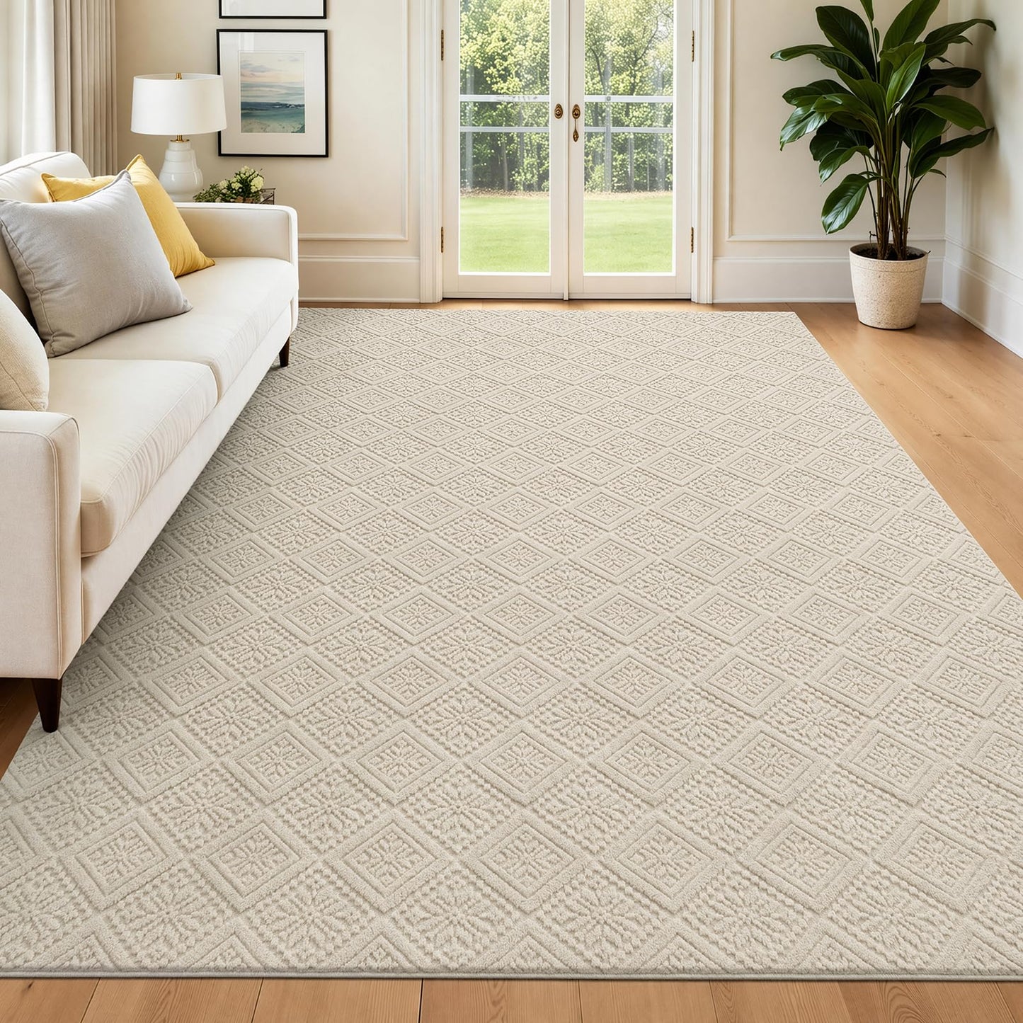 U'Artlines 8x10 Beige Washable Area Rug for Living Room, Soft Fluffy High Low Textured Carpet, Modern Neutral Geometric Non Slip Rugs for Bedroom Dining Room Kids Room