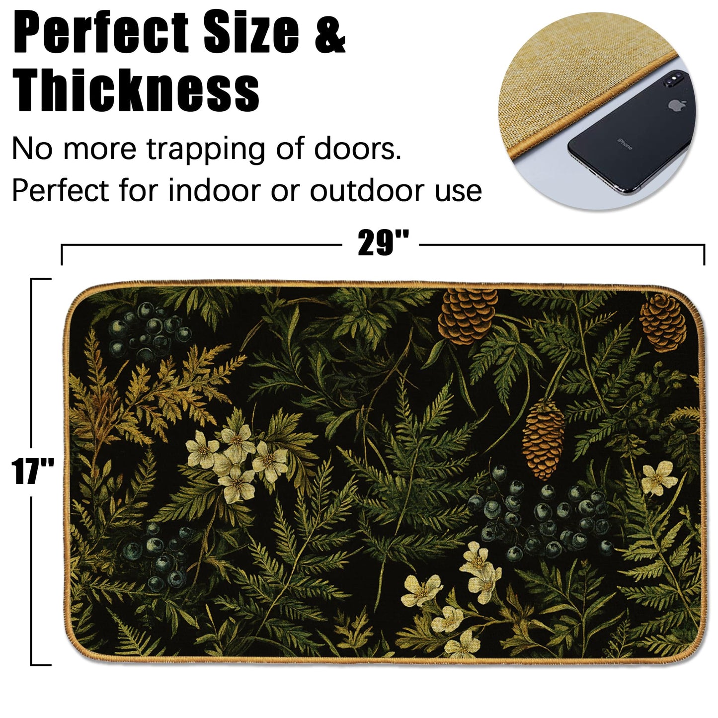 Dark Green Herb Plants Indoor Outdoor Door Mat,Wildflowers Front Floor Mat Non-Slip Absorbent Low-Profile Washable Inside Entrance,Linen Sturdy Soft Entry Doormat for Entryway