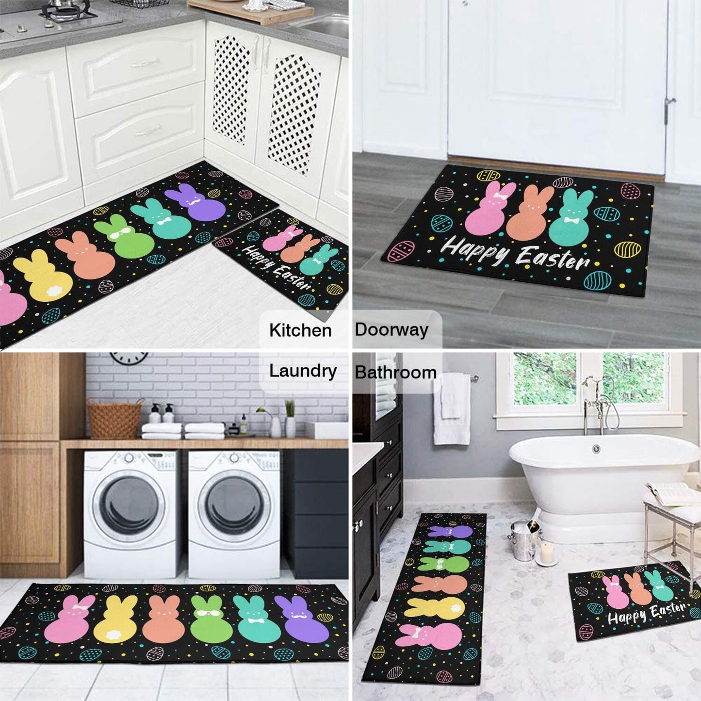 Qeenking Cute Easter Rabbit Farmhouse Kitchen Rugs Sets of 2, Black Bunny Washable Anti Fatigue Runner Mats for Floor, Non Slip Holiday Decor Mat for Sink, Laundry, Office 17"x 47"+17"x 30"
