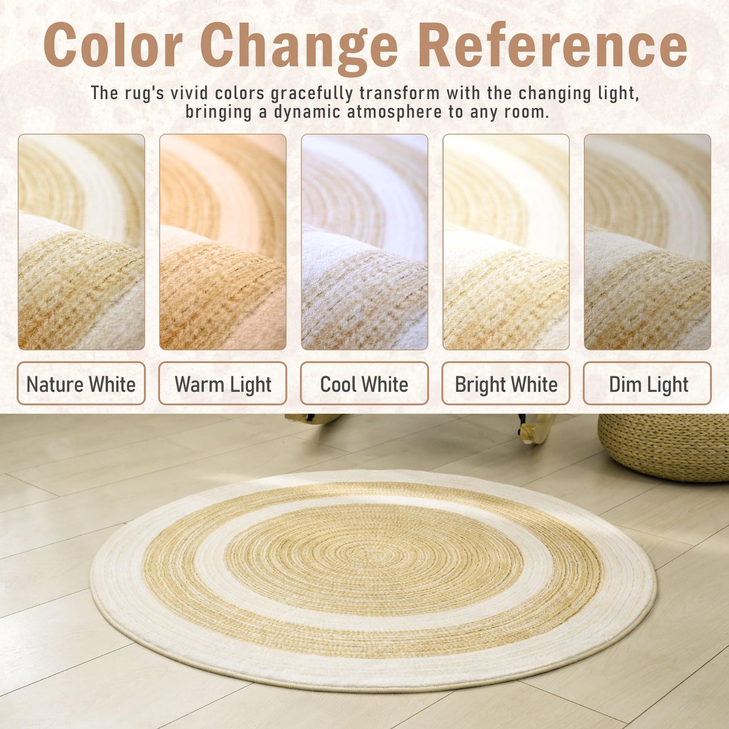 Carvapet Faux Jute Round Rug 5ft – Jute-Like Pattern Design Washable Low Pile Area Rug with Non-Slip Rubber Backing, Soft Natural Look Decorative Circle Carpet for Living Room