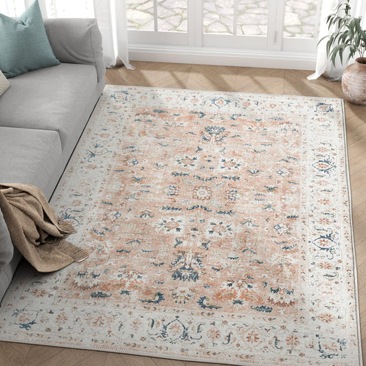 jinchan Area Rug 4x6 Bedroom Rug - Washable Vintage Boho Floral Print Lightweight Low Pile Thin Non-Slip Floor Cover Retro Distressed Carpet for Living Room Dining Room Kitchen Office Pink Blush
