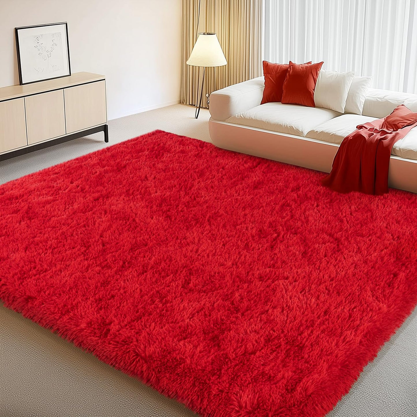 Large Shag Rugs 6 x 9, Red Fluffy Area Rug for Living Room, Soft Fuzzy Plush Carpet for Bedroom Girls Kids Room, Indoor Shaggy Rug for Home Decor Aesthetic, Upgrade Non-Slip