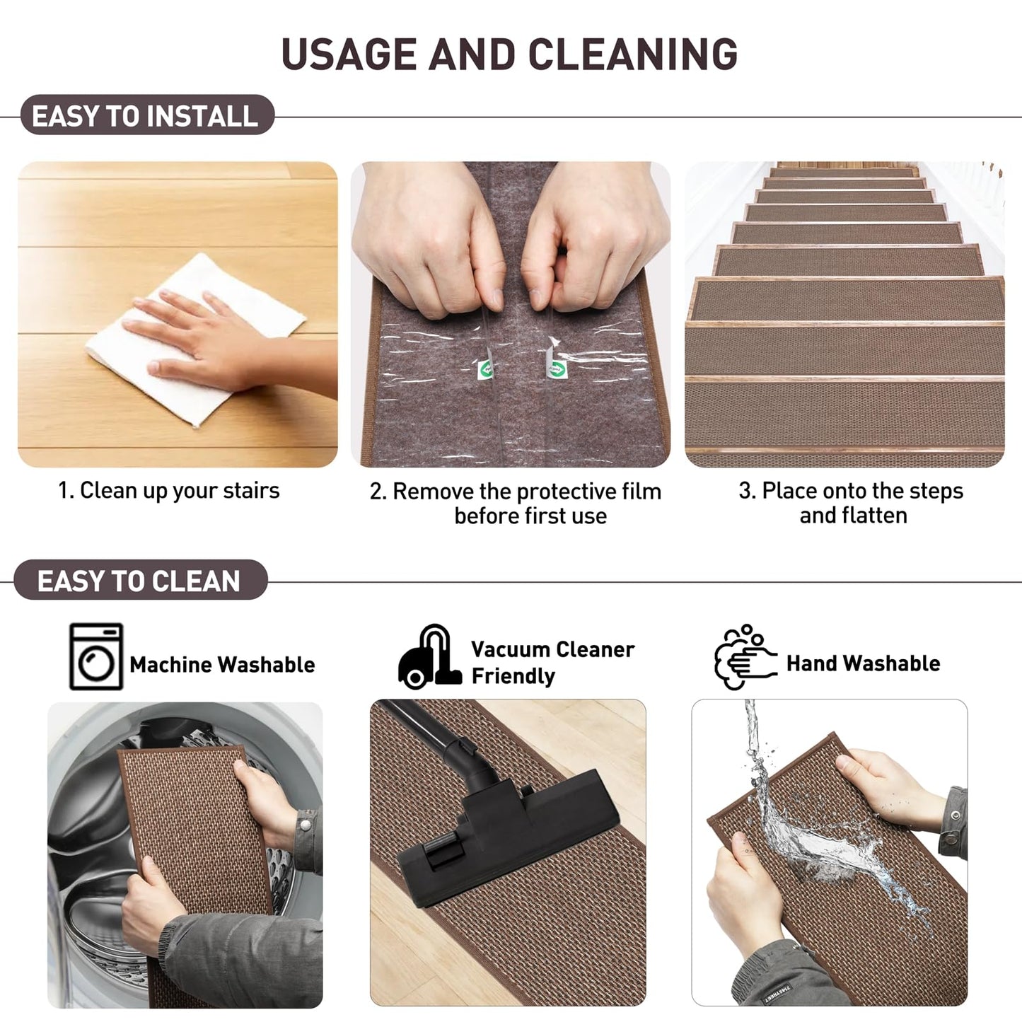 ZOMONETI 15pcs 8" x 30" Linen Non Slip Stair Carpet Treads for Wooden Steps, Machine Washable Stair Runners for Kids, Elders and Pets, Brown
