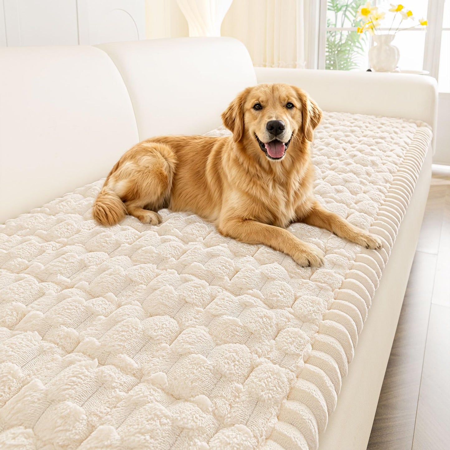 Smiry Non Slip Couch Covers for Dogs, Scratch Resistant Pet Sofa Protector, Machine Washable Soft Fuzzy Thick Furniture Cover for Sofa Loveseat Sectional Large Dogs (Cream, 27.6" x 59")