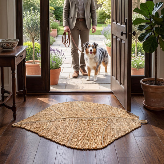 Tinideya Jute Leaf Door Mat 24x35 Inch, Handwoven Leaf Entryway Doormat, Thick Natural Jute Doormat for Front Door, Mudroom, Kitchen, Farmhouse Home Decor. Absorbent Dirt & Moisture Catcher, Beige