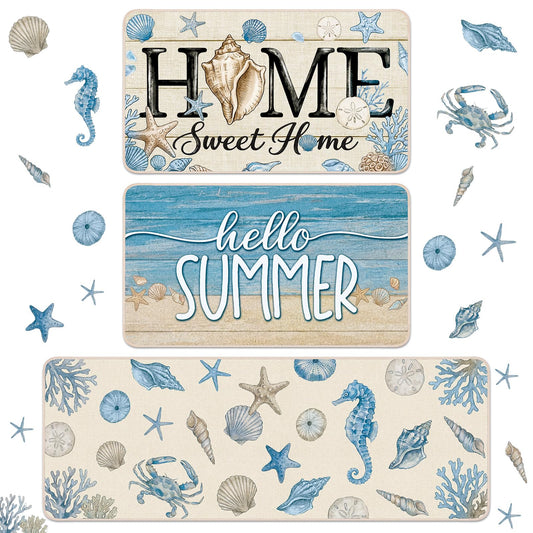 Dunzy 3 Set Coastal Kitchen Rugs Beach Rug Blue Crab Starfish Shell Sea Nautical Absorbent Mats for Sea Kitchen Bathroom Seasonal Home Decor 3 Sizes