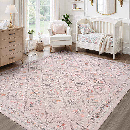 DCX Washable 6x9 Pink Floral Rug for Girls Bedroom, Soft Cottagecore Rug for Baby Girl Nursery, Non Slip Low Pile, Kid & Pet Friendly Vintage Botanical Carpet
