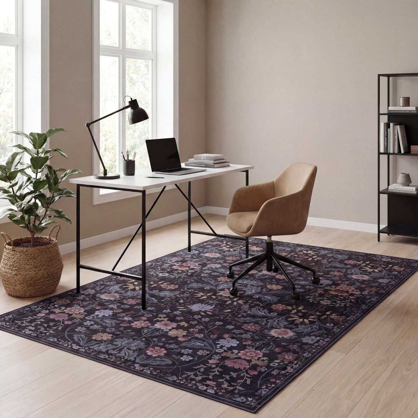 JONATHAN Y Ultra-Soft Machine-Washable Rug with Non-Skid Backing, Dark Gray/Multi 8'x10' Primrose Art Nouveau Floral Border, Non-Shedding, Velvet Luxury Feel for Living Room, Dining Room, Bedroom