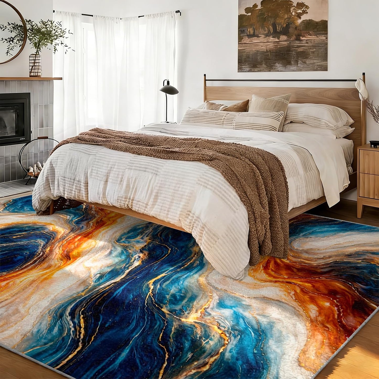 Abstract Marble Area Rug, 4x5ft, Natural Irregular Colorful Wave Swirl Fluid Art Marble Texture Accent Rug, Cozy Reduce Noise Modern Luxury Large Carpet for Living Room Entryway