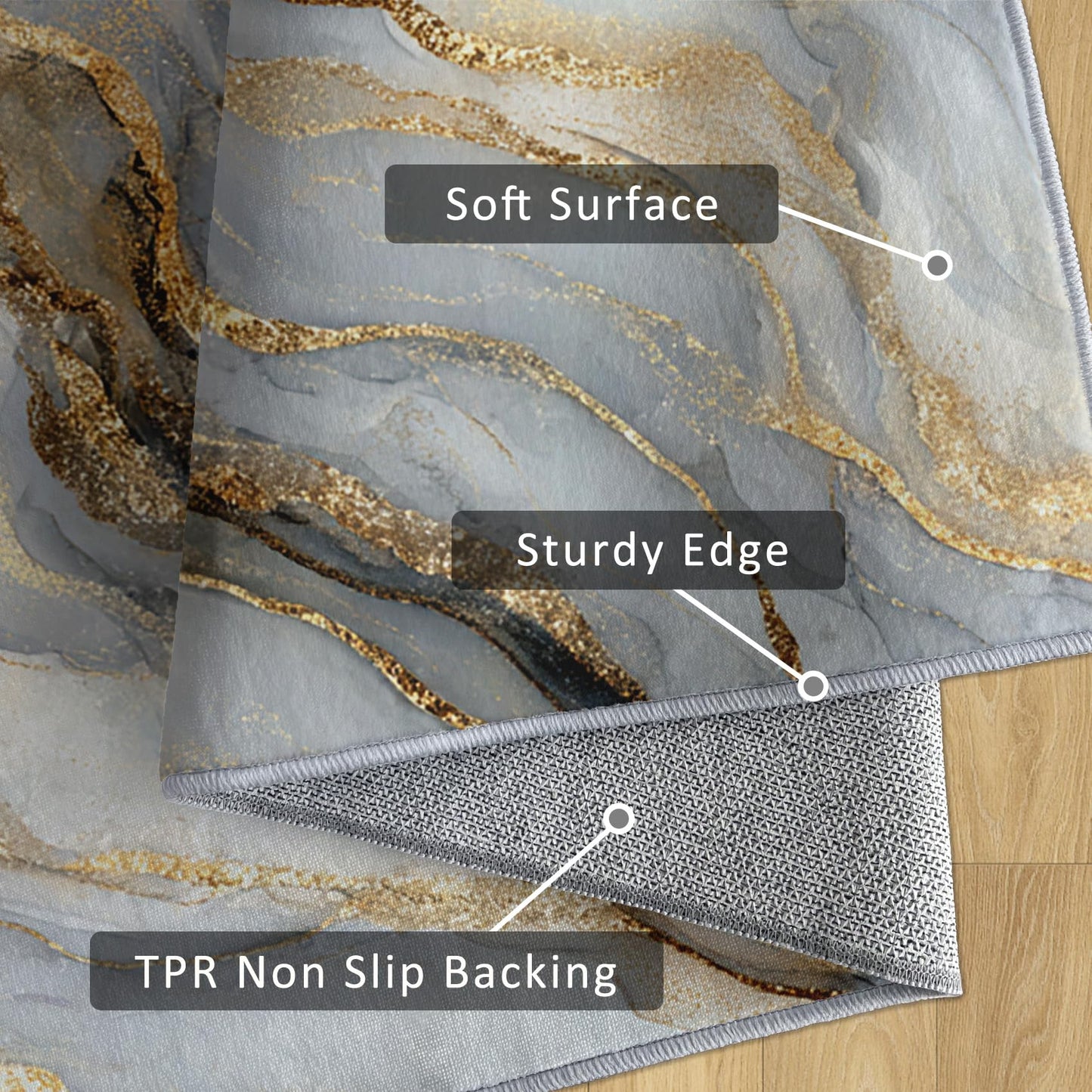 Marble Rug 3x5, Grey Gold Area Rugs for Living Room Bedroom Kitchen, Marble Home Decor Carpet, Washable, Non Slip, Soft, Low Pile
