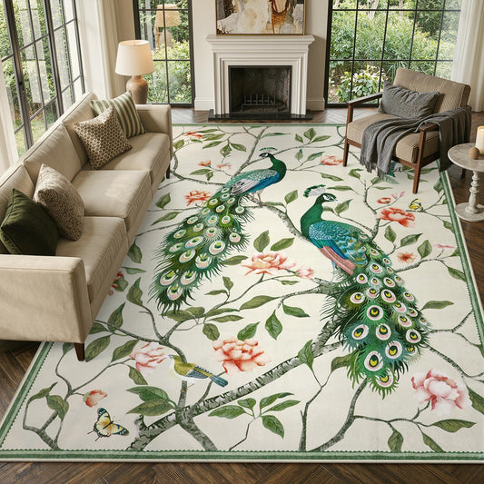 Anidaroel Whimsical Peacock Feathers Area Rug, 8x10 Washable Rugs for Living Room Eclectic Bird Carpet, Soft Large Bedroom Rug Stain-Resistant Dining Room Floor Carpet for Study Home, Beige