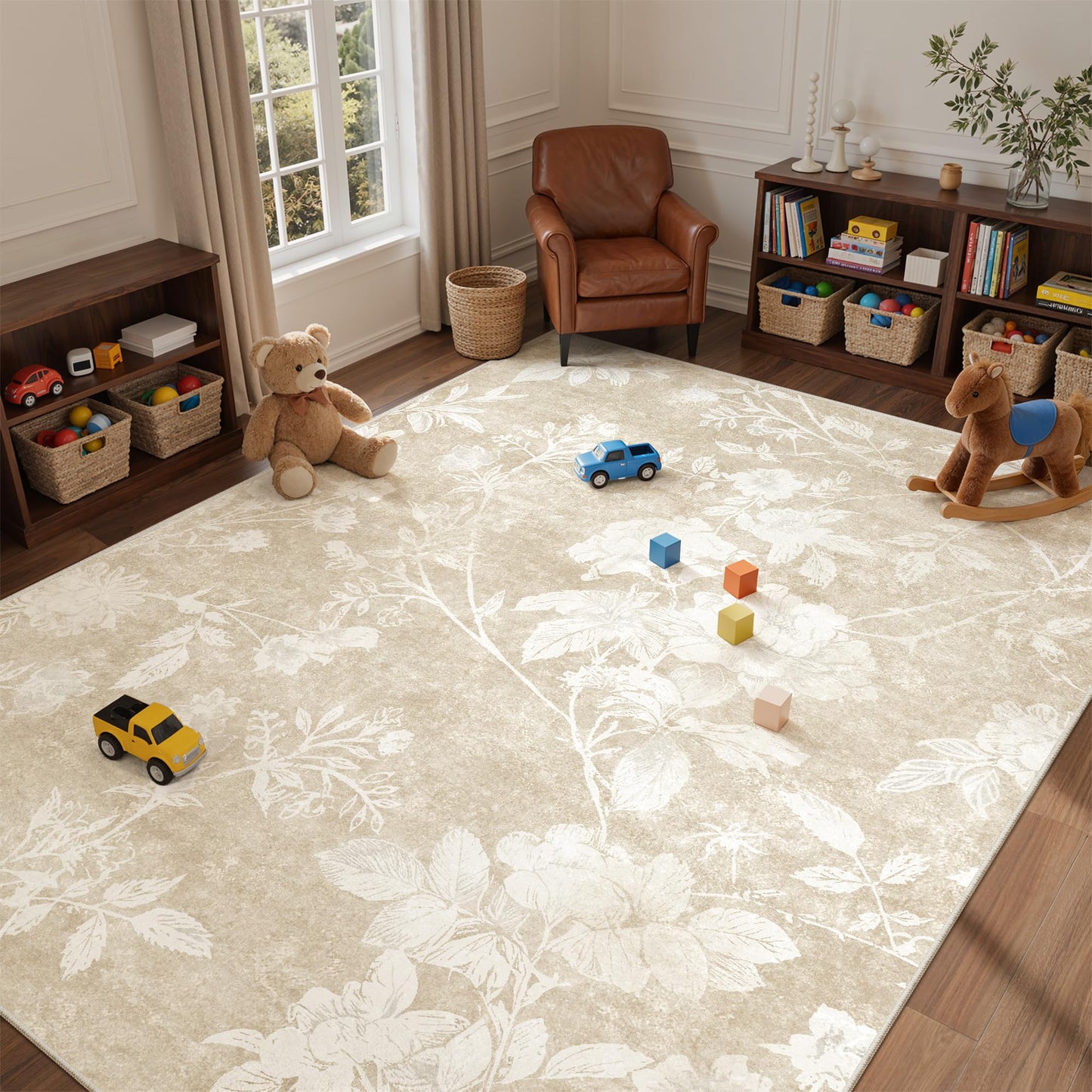 Soalmost Floral Washable Rugs 6x9 for Living Room, Oriental Flower Neutral Area Rug with Soft Low-Pile Non-Slip Thin Throw Carpet for Bedroom Farmhouse Dining Room Nursery Home Office (6'x9',Beige)