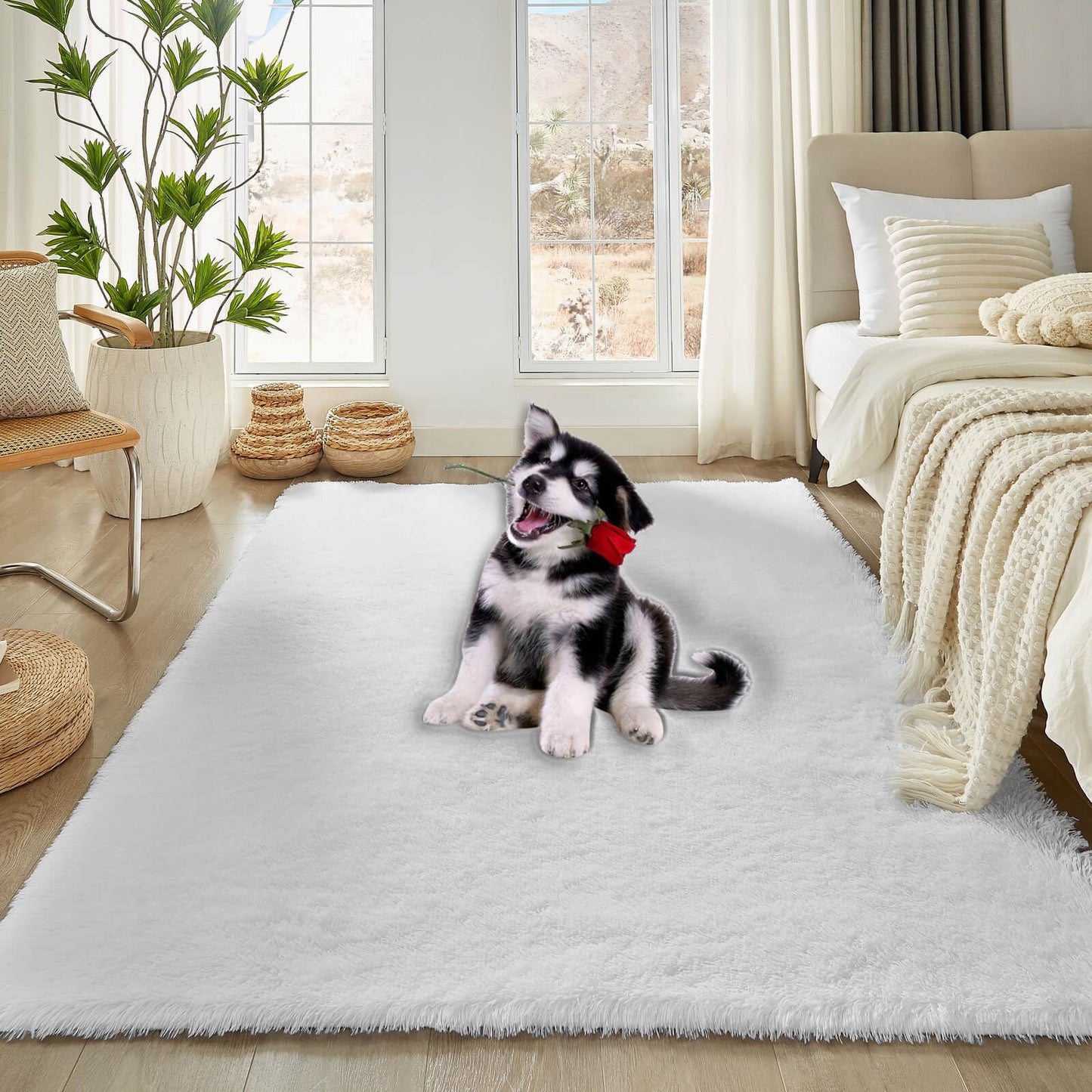 Floralux 5x7 Area Rugs for Living Room, White Shag Rug for Bedroom, Ultra Soft High-Pile Plush Indoor Carpets for Living Room, Playroom, Nursery