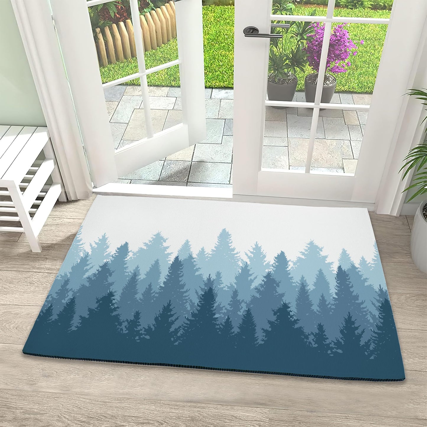 IGPPDO Mystery Winter Forest Welcome Mat, 17" x 30", Non-Slip, Water-Resistant, Polyester, Forest Theme, Medium Pile, Machine Washable, Rectangular, Both Indoor & Outdoor