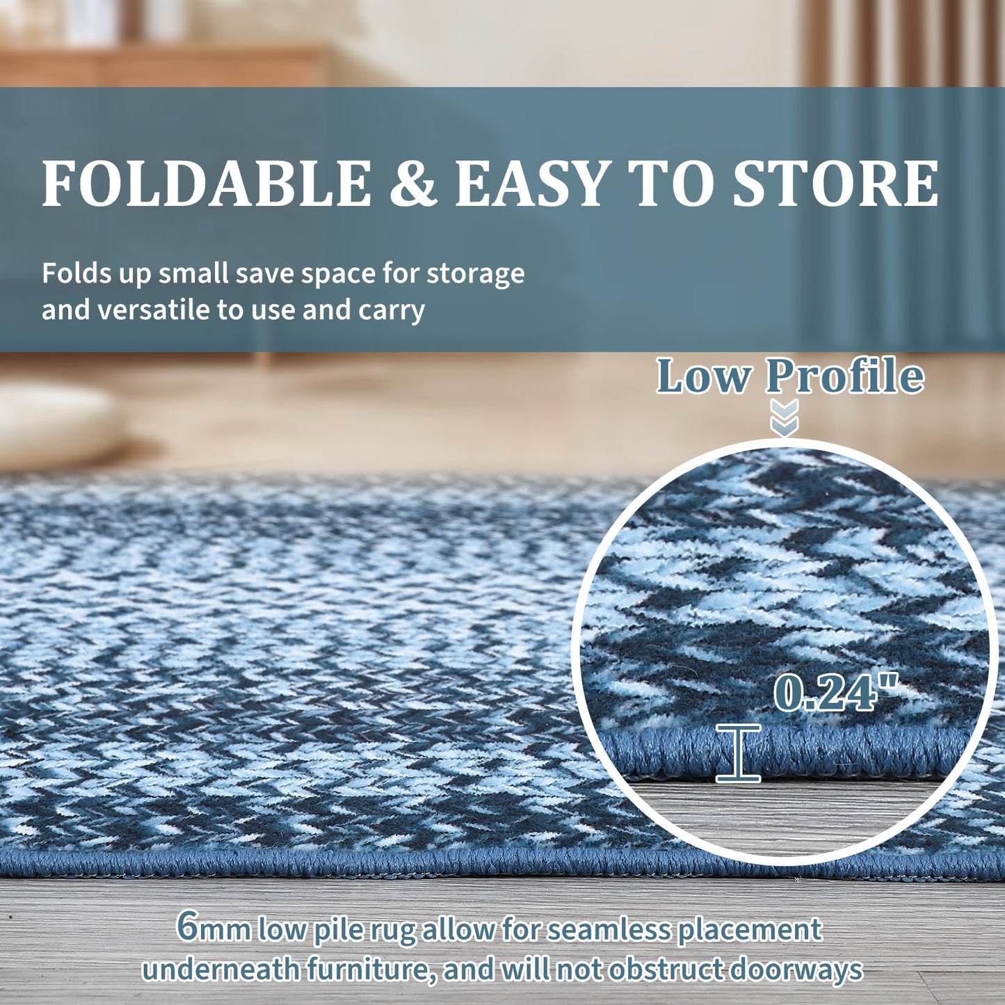 5x8 Oval Living Room Area Rug Washable Modern Border Bedroom Bedside Area Rugs Non Slip Low Pile Dining Room Oval Throw Carpet Contemporary Rugs for Living Room Kitchen Nursery, Blue