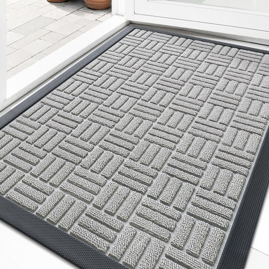 OLANLY Front Door Mat Outside Entrance 29.5x17, Absorbent, Heavy Duty Sturdy Natural Rubber Doormat Indoor Outdoor, Non-Slip, Stain and Fade Resistant, Low Profile Floor Mat for Entryway, Light Gray