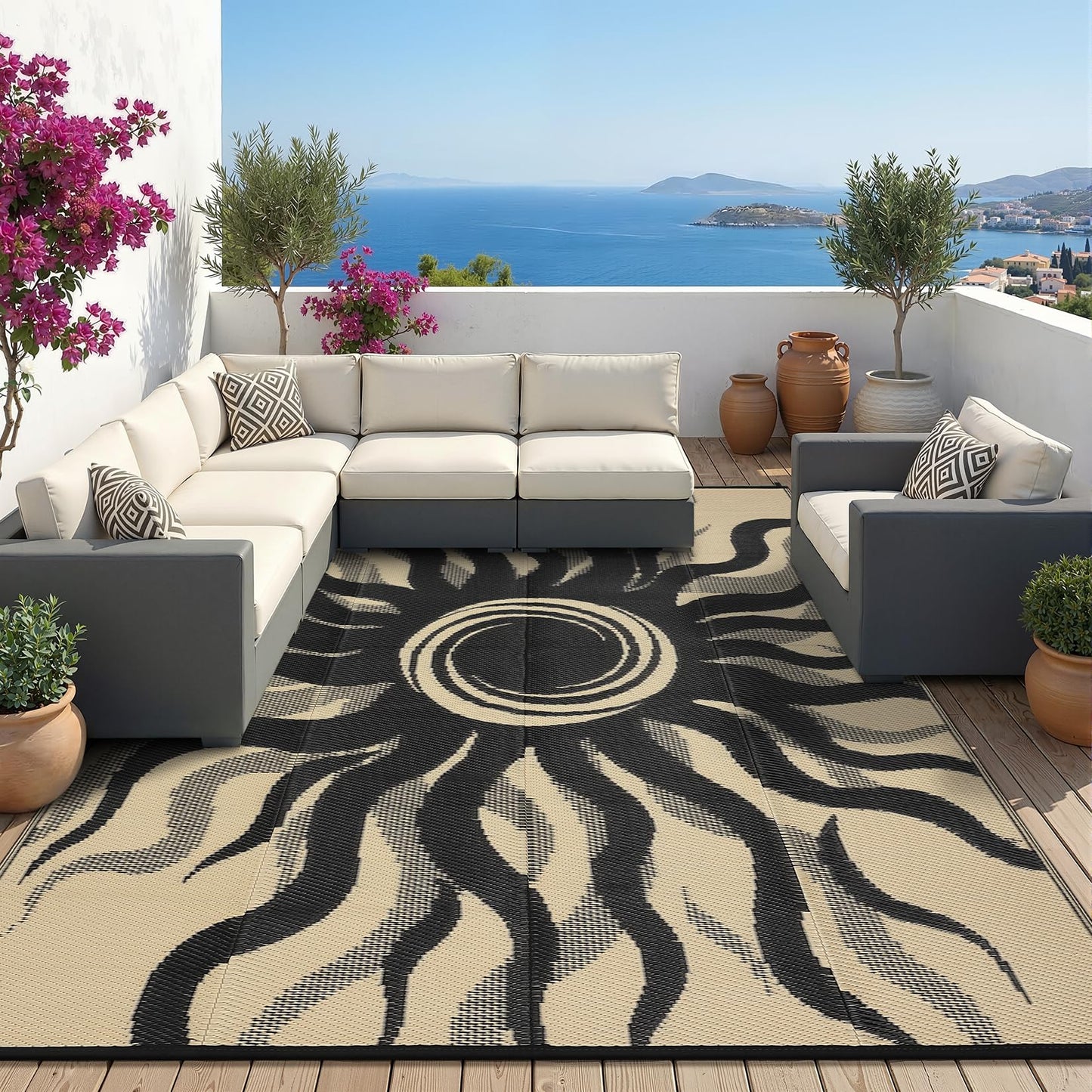 Garvee Outdoor Rug 6x9 Waterproof Patio Rugs with Boho Sun Pattern, Reversible Plastic Straw Camping Rugs Outdoor Indoor RV Mat Carpet for Deck, Backyard, Picnic, Porch, Balcony, Beach, Black