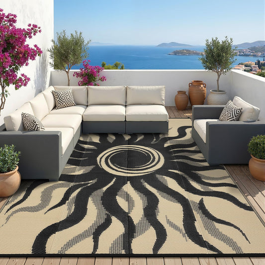 Garvee Outdoor Rug 6x9 Waterproof Patio Rugs with Boho Sun Pattern, Reversible Plastic Straw Camping Rugs Outdoor Indoor RV Mat Carpet for Deck, Backyard, Picnic, Porch, Balcony, Beach, Black